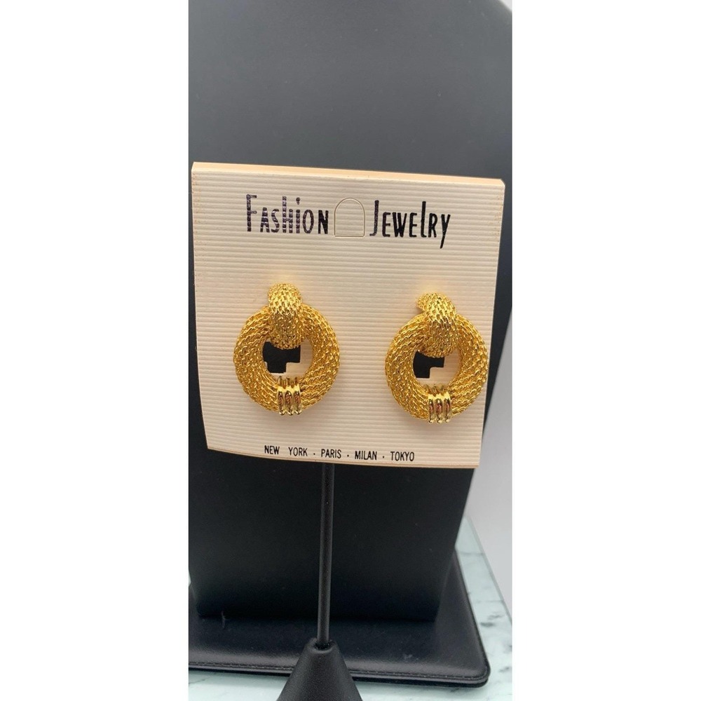 Vintage NOS Chunky Gold Tone Textured Door Knocker Style Clip On Earrings